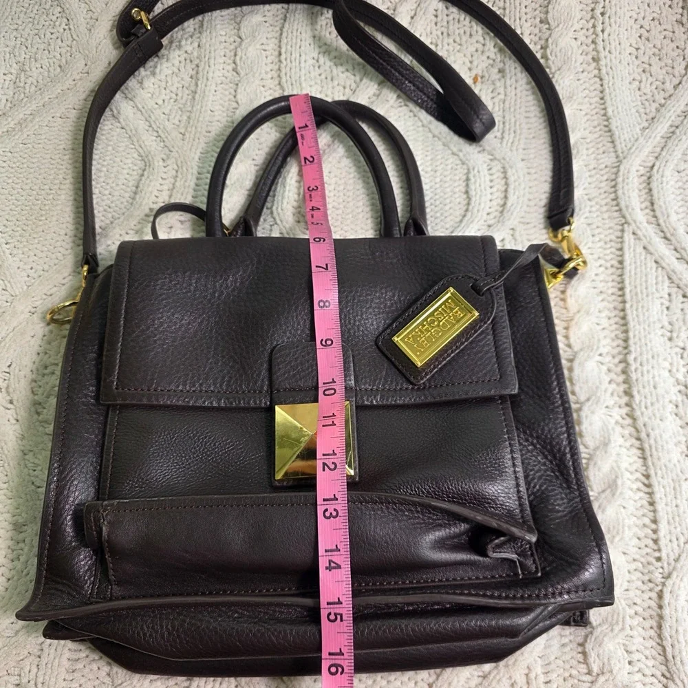 Badgley Mischka‎ Satchel Shoulder Bag Dark Brown Thick Pebbled Leather Gold Logo